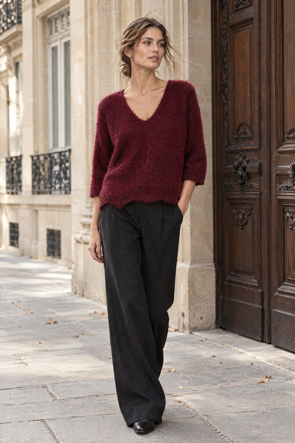 Pull oversize en maille col V – Bordeaux – EMORA