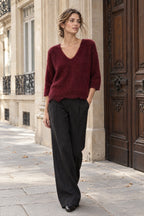 Pull oversize en maille col V – Bordeaux – EMORA