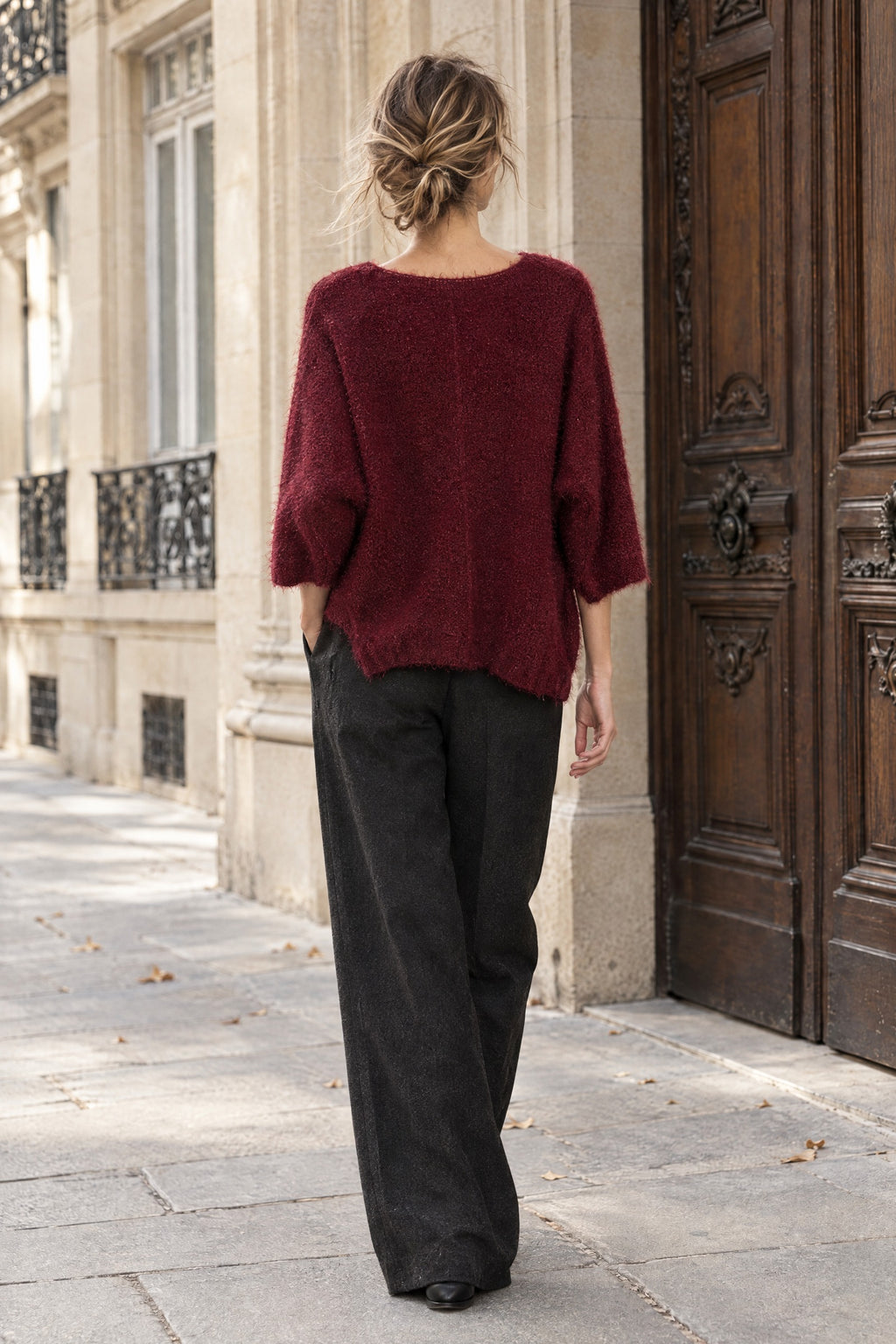 Pull oversize en maille col V – Bordeaux – EMORA