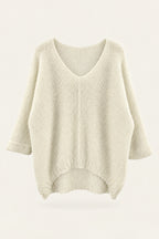 Pull oversize en maille col V – Blanc – vue de face – EMORA