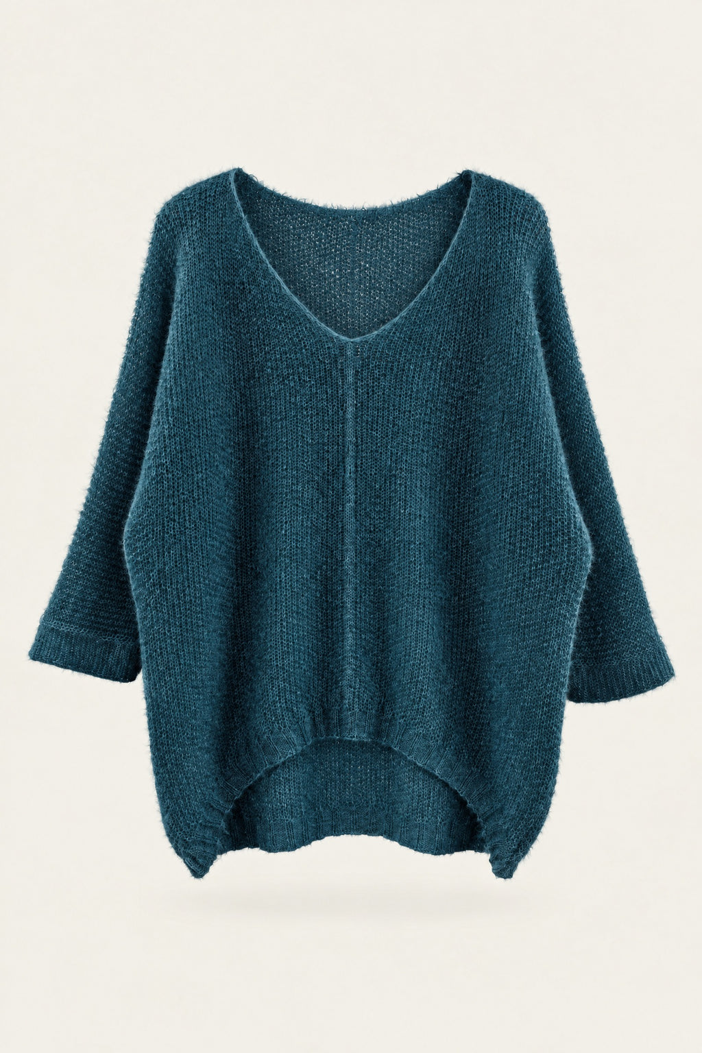 Pull oversize en maille col V – Bleu canard – vue de face – EMORA