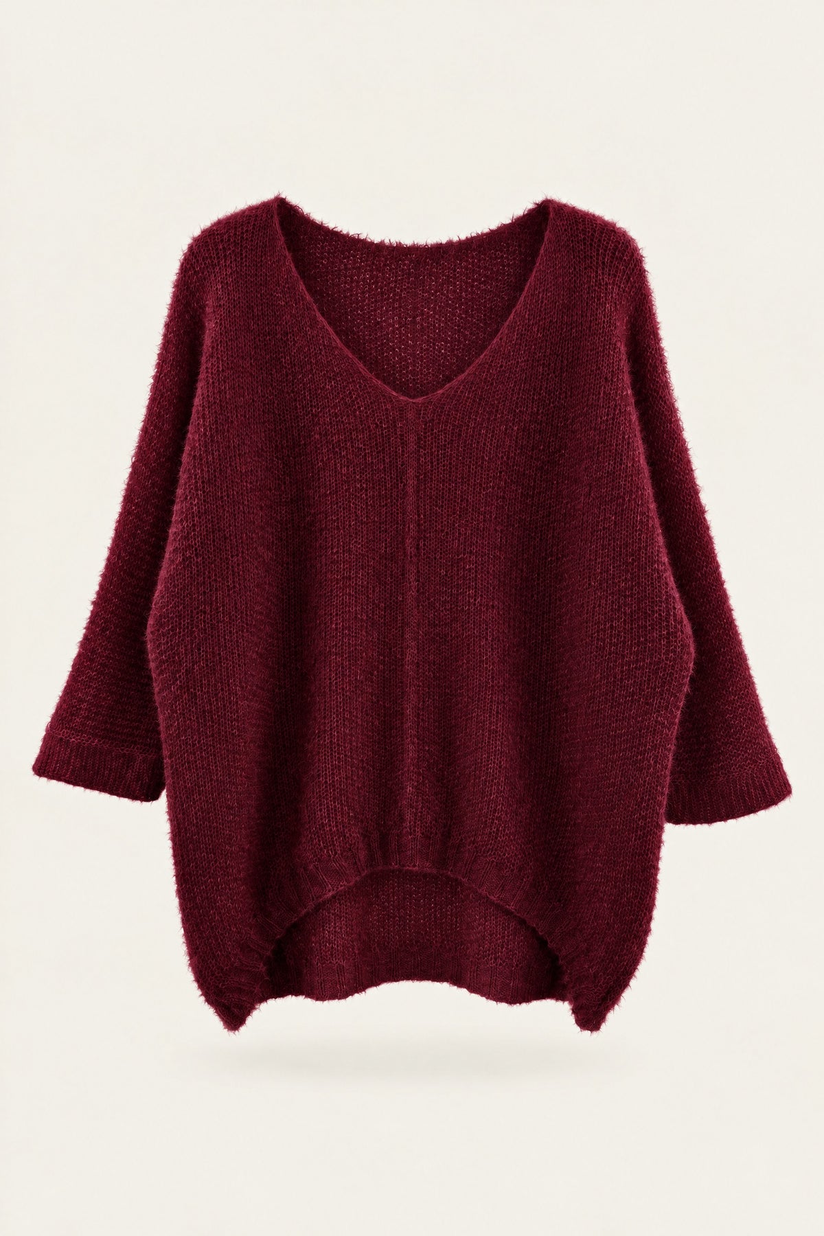 Pull oversize en maille col V – Bordeaux – vue de face – EMORA