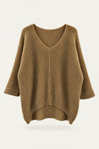 Pull oversize en maille col V – Camel – vue de face – EMORA