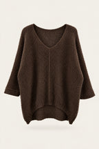 Pull oversize en maille col V – Chocolat – vue de face – EMORA