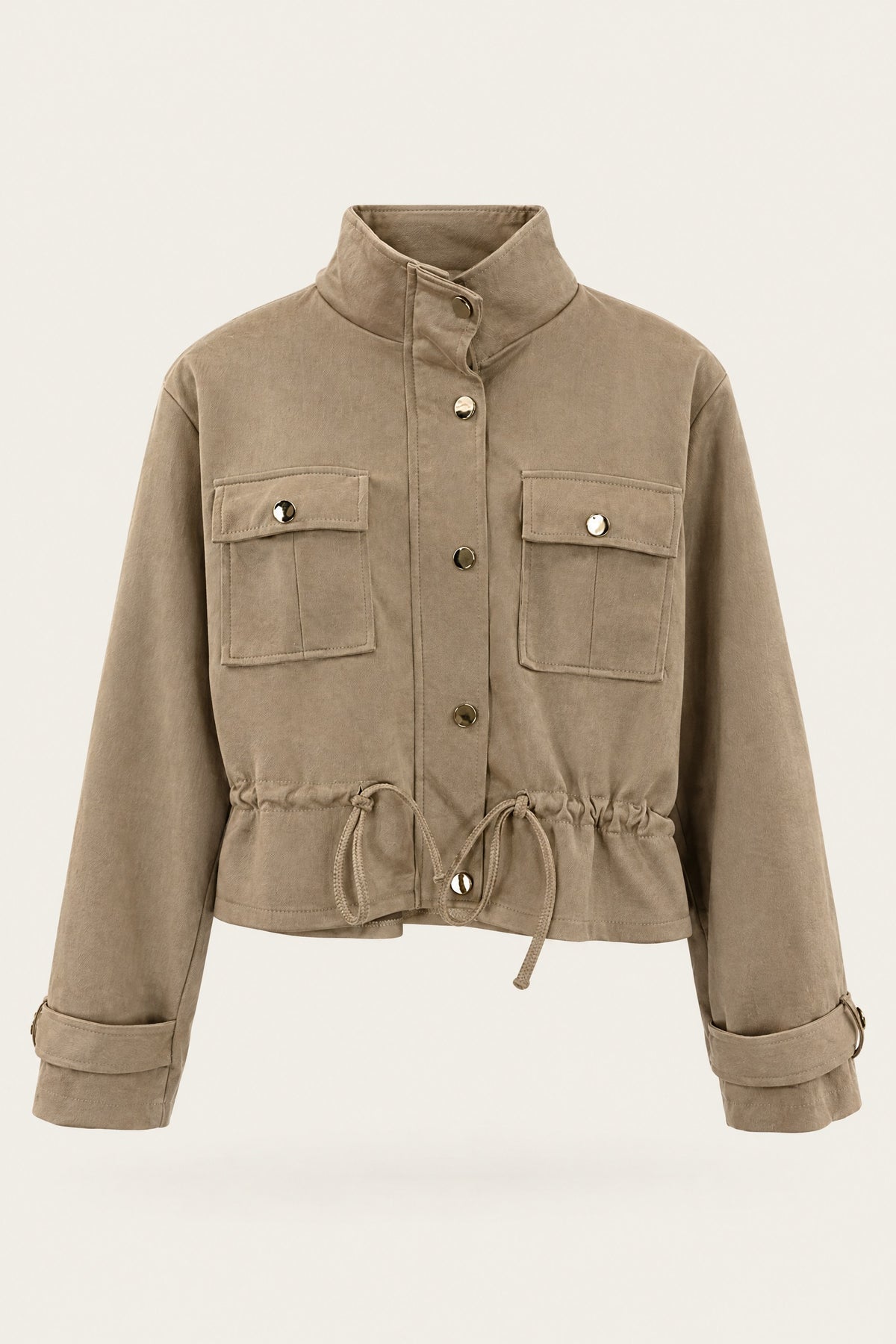 Veste saharienne courte à taille ajustable – Beige – vue de face – EMORA