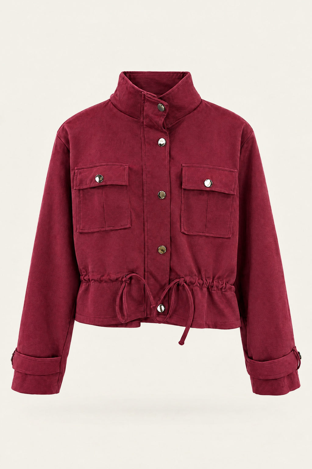 Veste saharienne courte à taille ajustable – Bordeaux – vue de face – EMORA