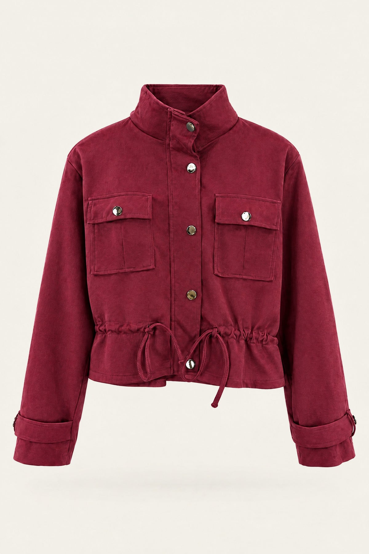 Veste saharienne courte à taille ajustable – Bordeaux – vue de face – EMORA
