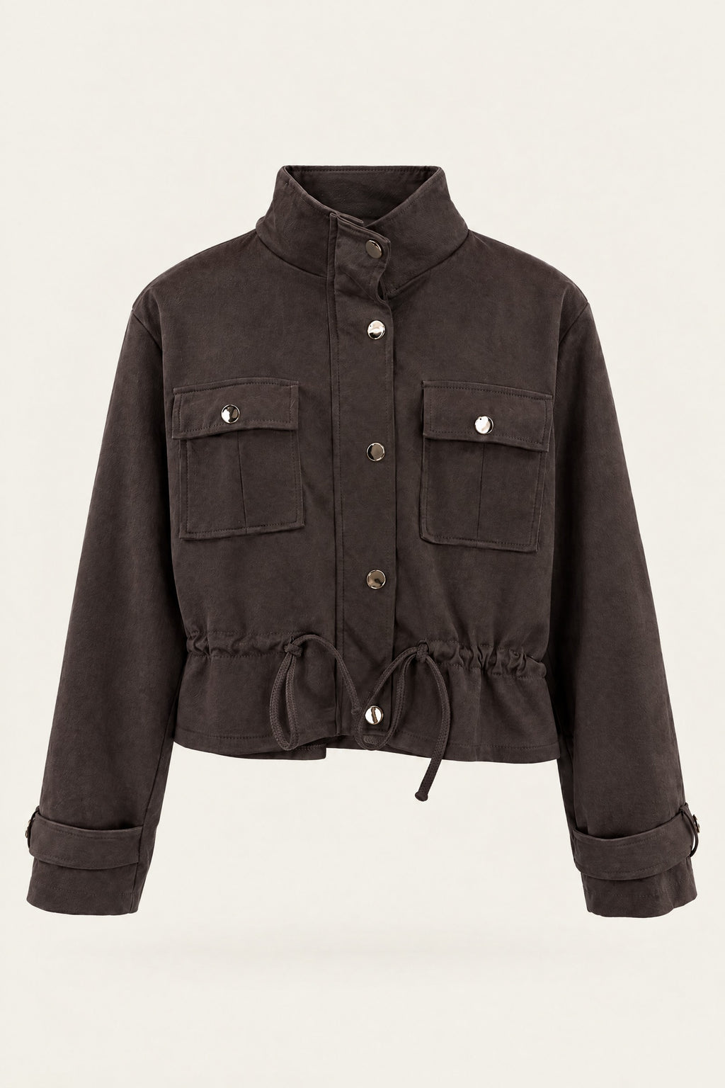 Veste saharienne courte à taille ajustable – Chocolat – vue de face – EMORA