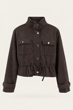 Veste saharienne courte à taille ajustable – Chocolat – vue de face – EMORA