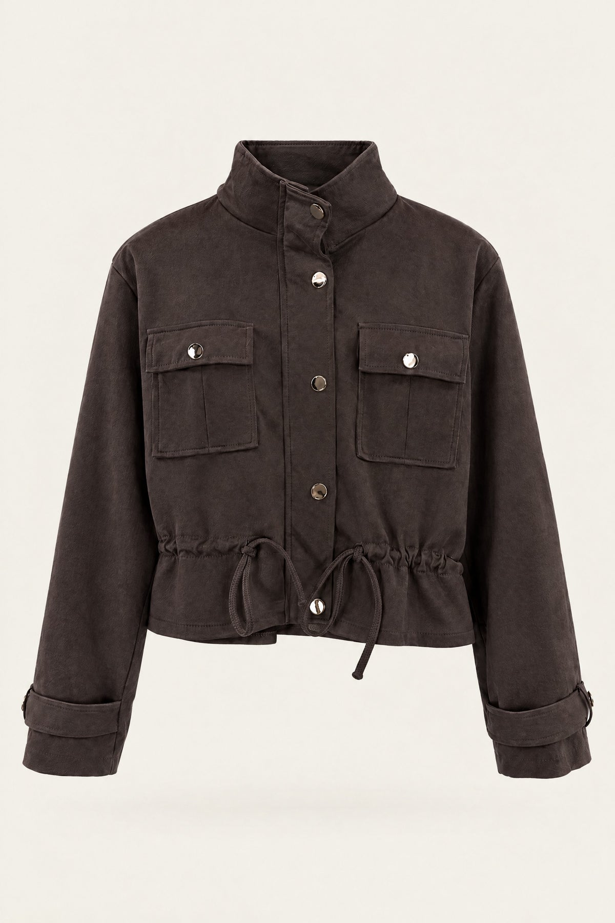 Veste saharienne courte à taille ajustable – Chocolat – vue de face – EMORA