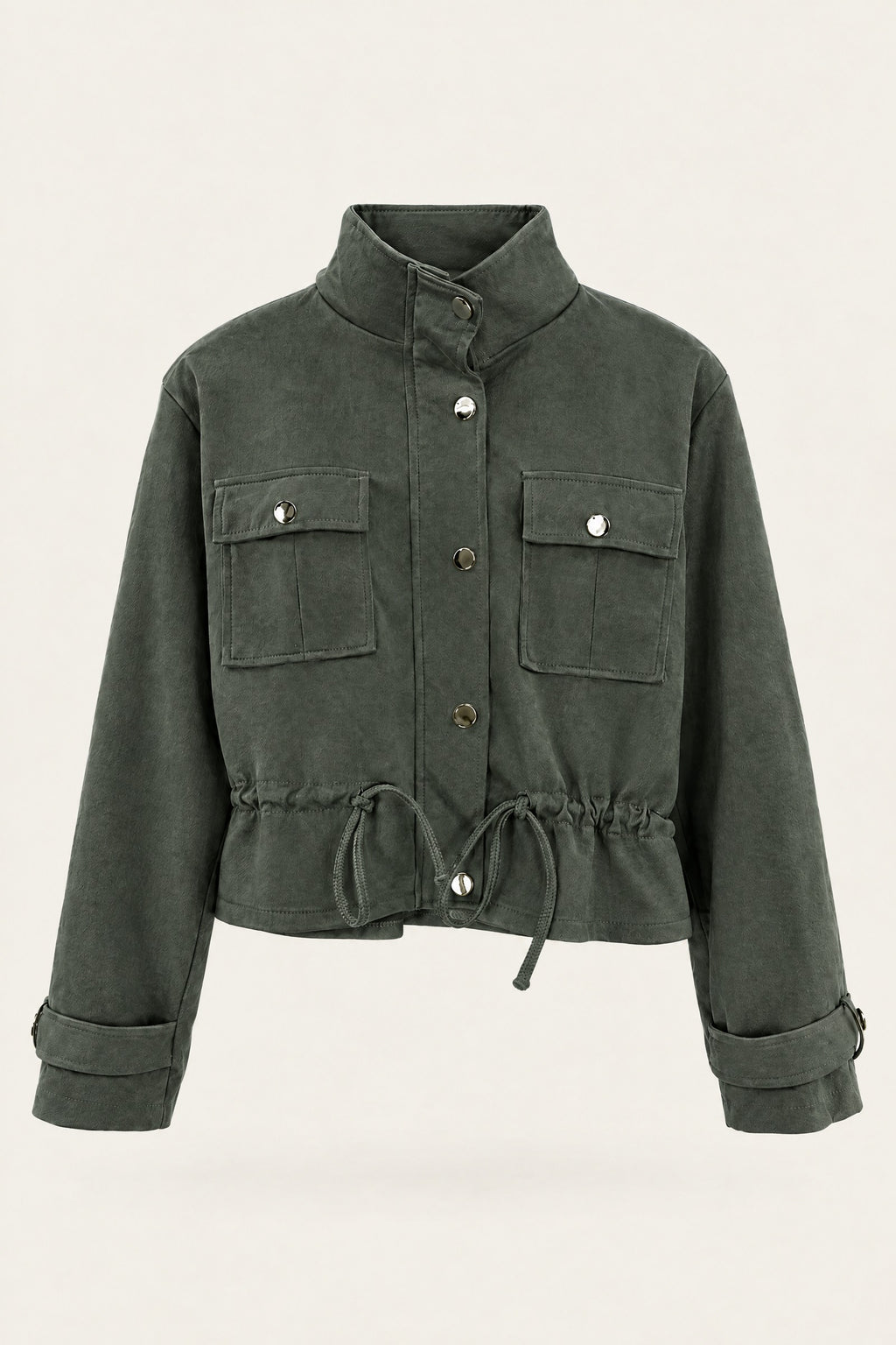 Veste saharienne courte à taille ajustable – Kaki – vue de face – EMORA
