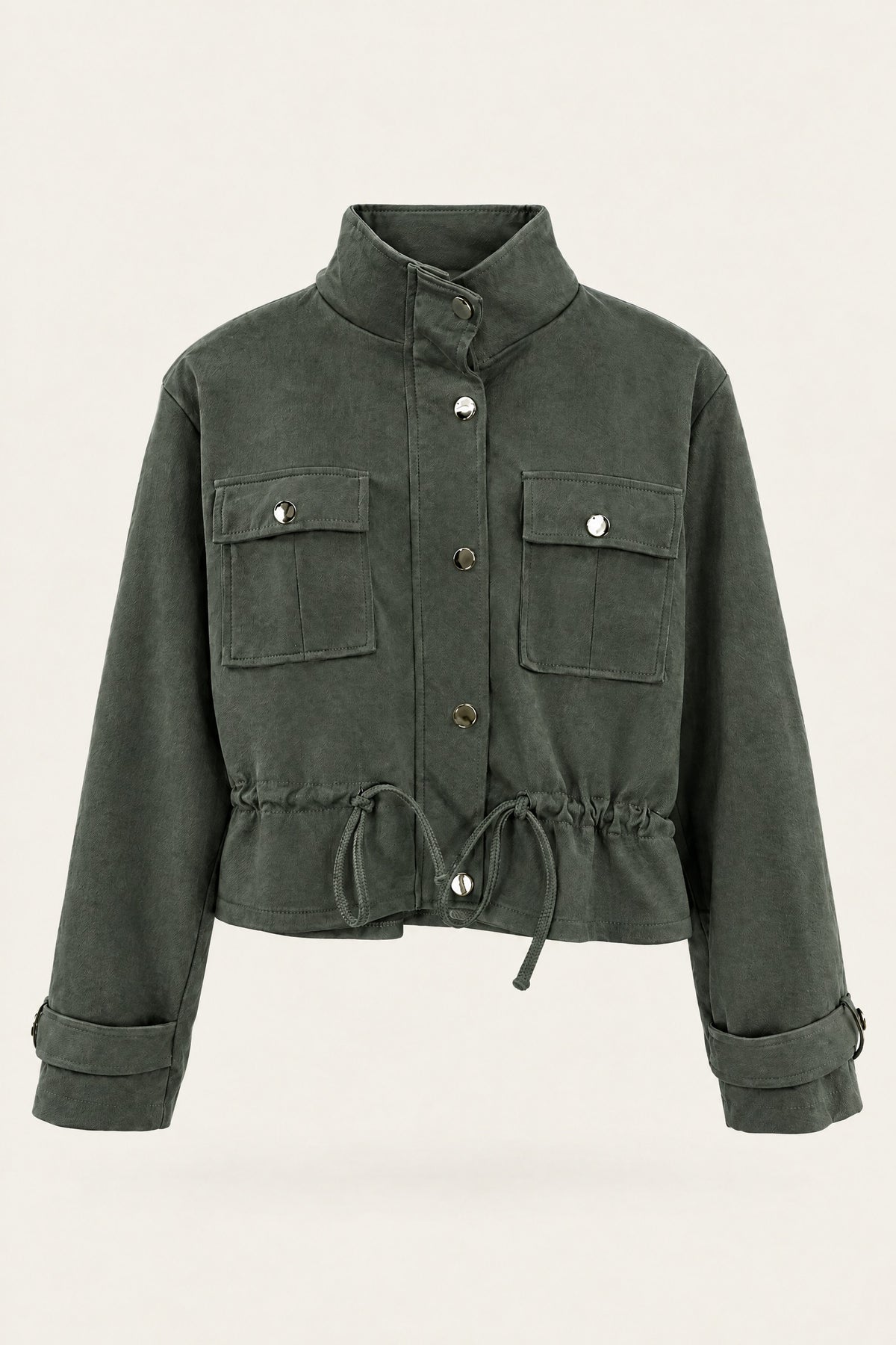 Veste saharienne courte à taille ajustable – Kaki – vue de face – EMORA