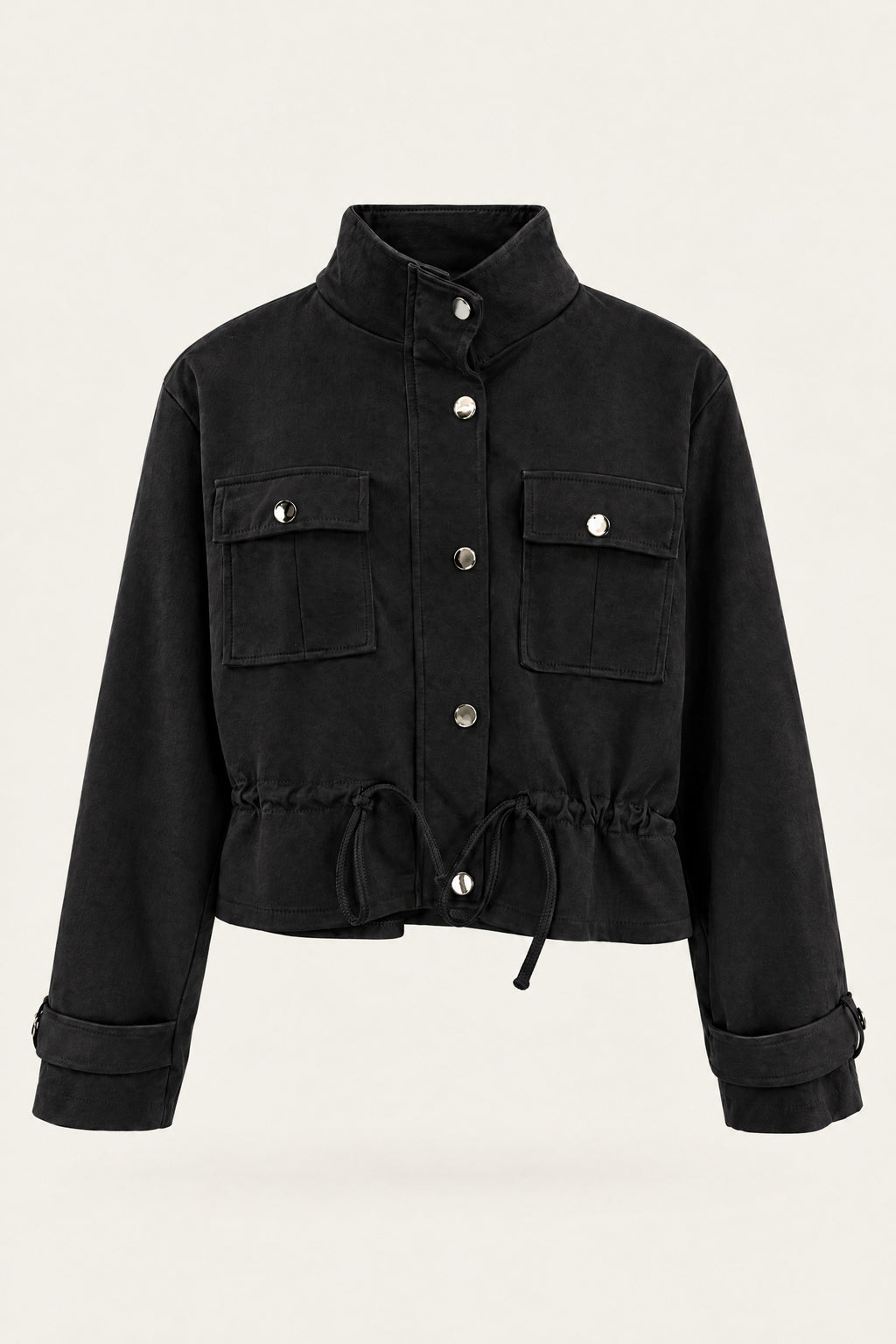 Veste saharienne courte à taille ajustable – Noir – vue de face – EMORA
