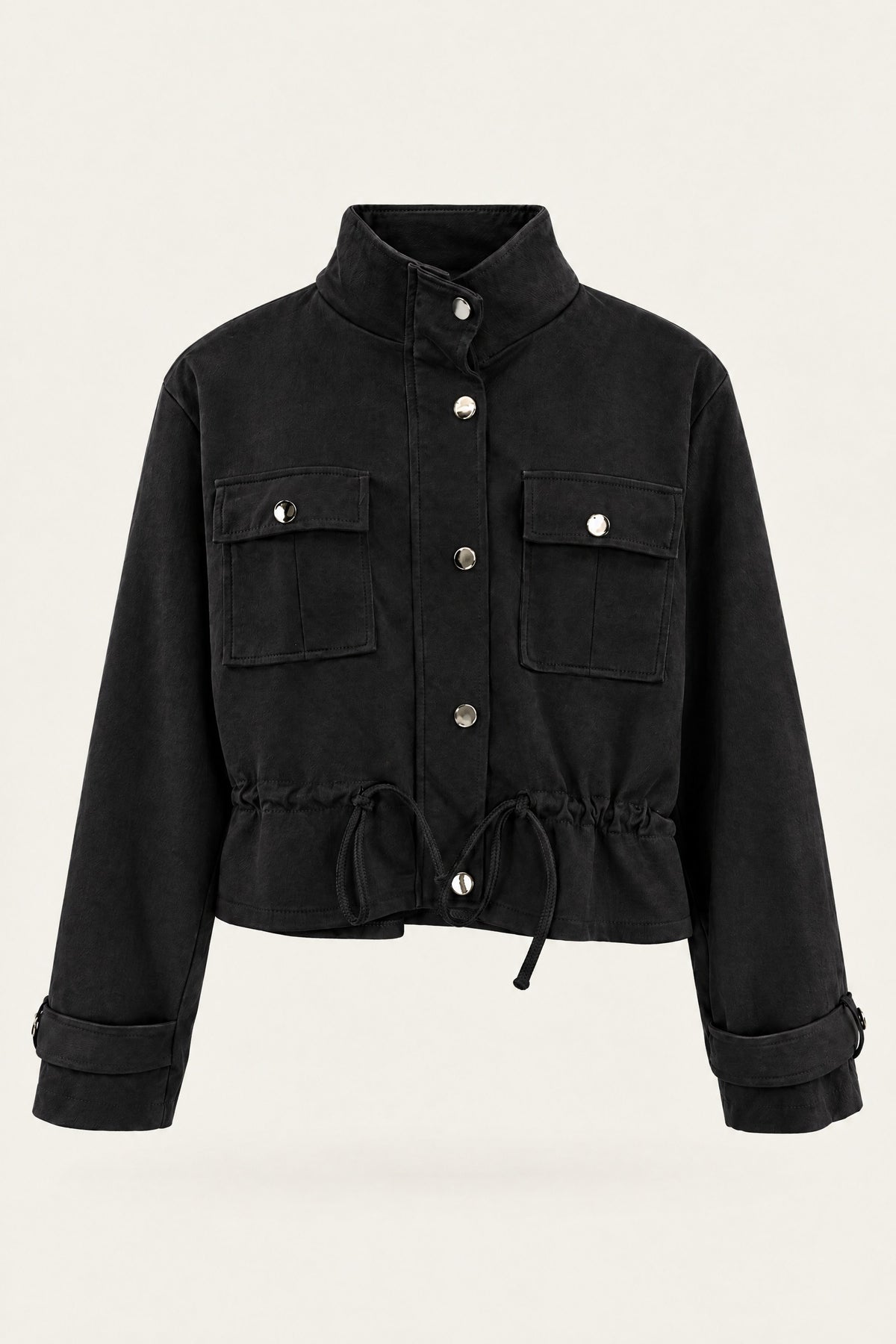 Veste saharienne courte à taille ajustable – Noir – vue de face – EMORA