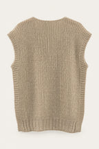 Pull sans manches en maille col V – Beige – vue de dos – EMORA