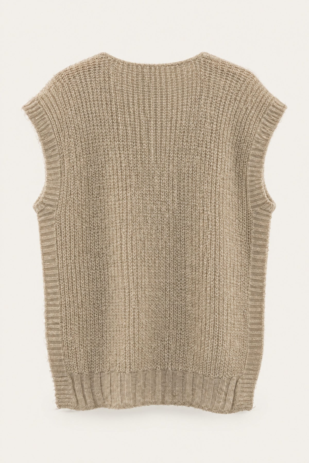 Pull sans manches en maille col V – Beige – vue de dos – EMORA