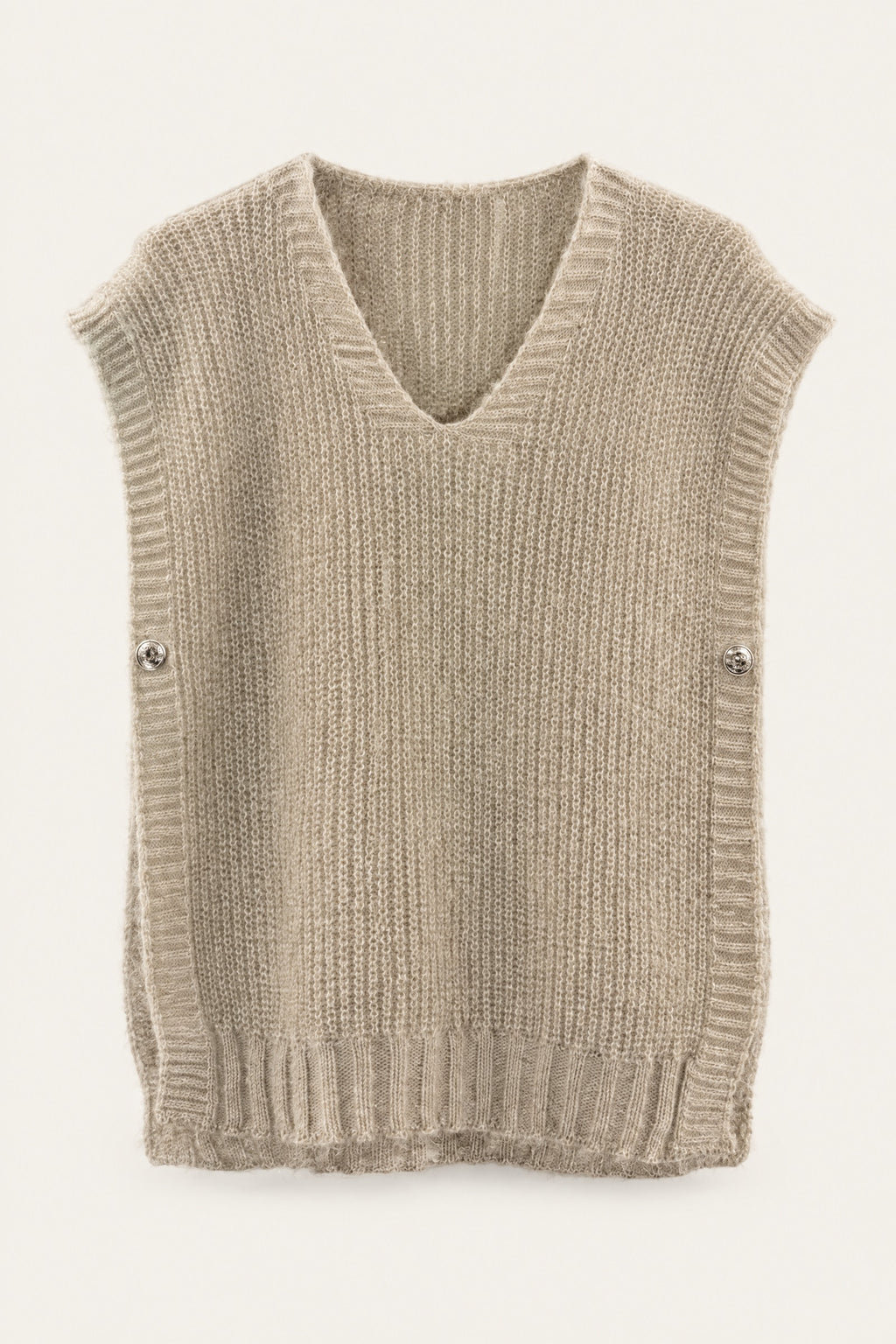 Pull sans manches en maille col V – Beige – vue de face – EMORA