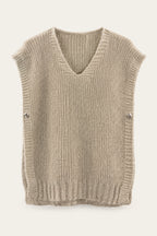 Pull sans manches en maille col V – Beige – vue de face – EMORA