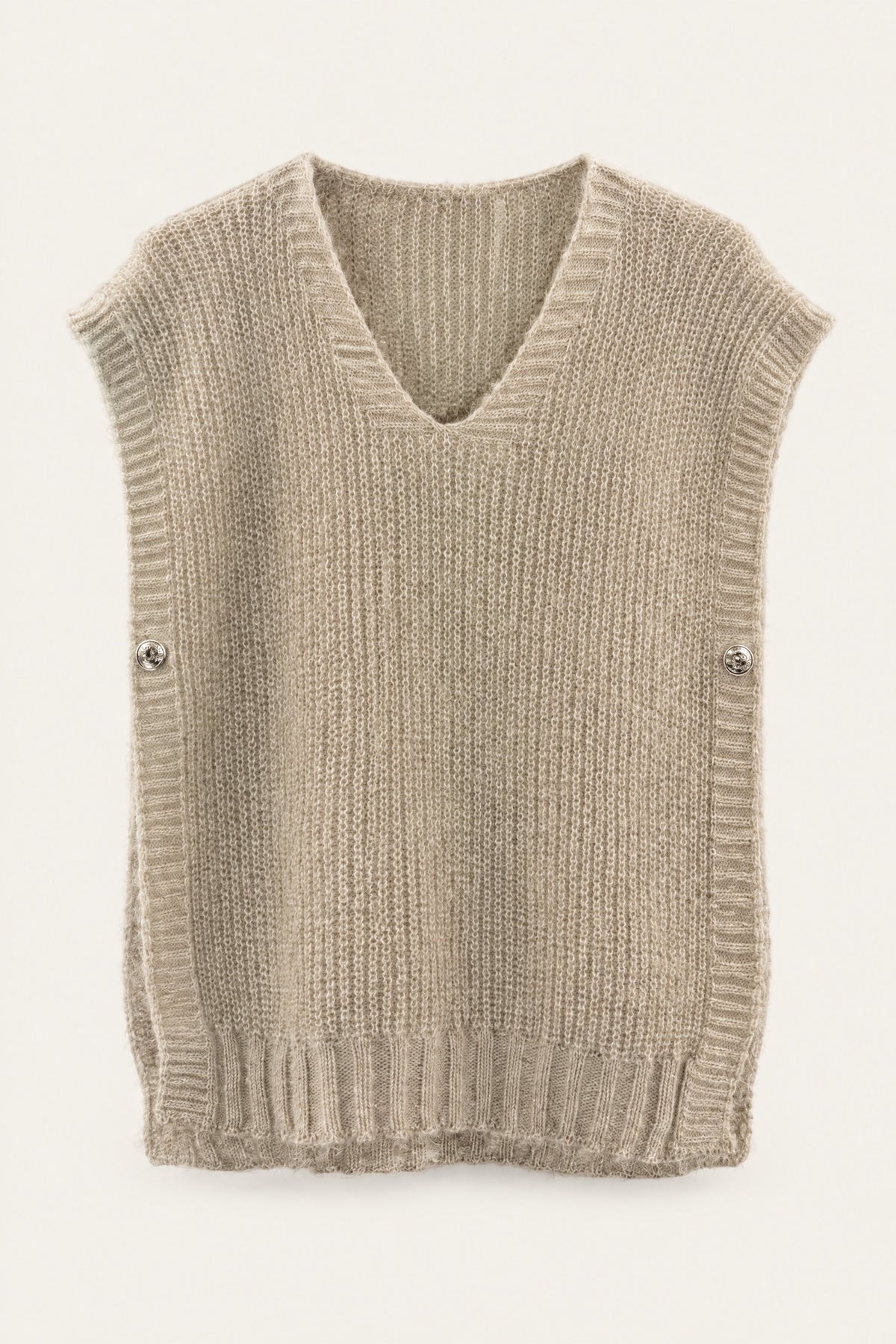 Pull sans manches en maille col V – Beige – vue de face – EMORA
