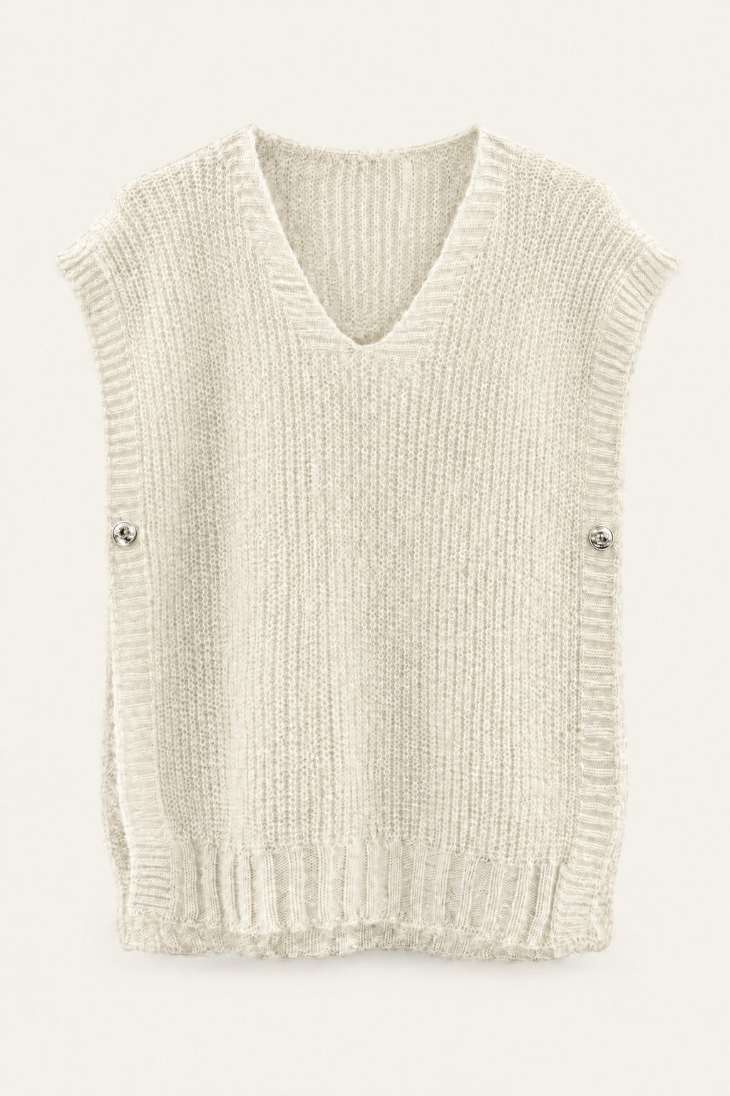 Pull sans manches en maille col V – Blanc – vue de face – EMORA