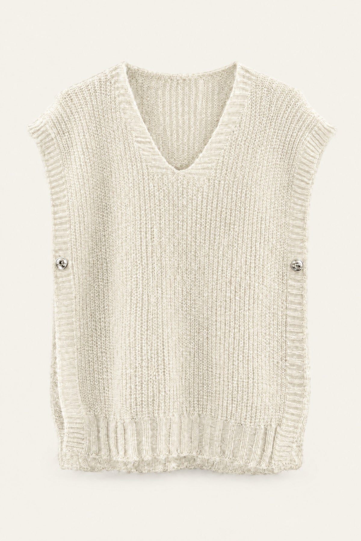 Pull sans manches en maille col V – Blanc – vue de face – EMORA