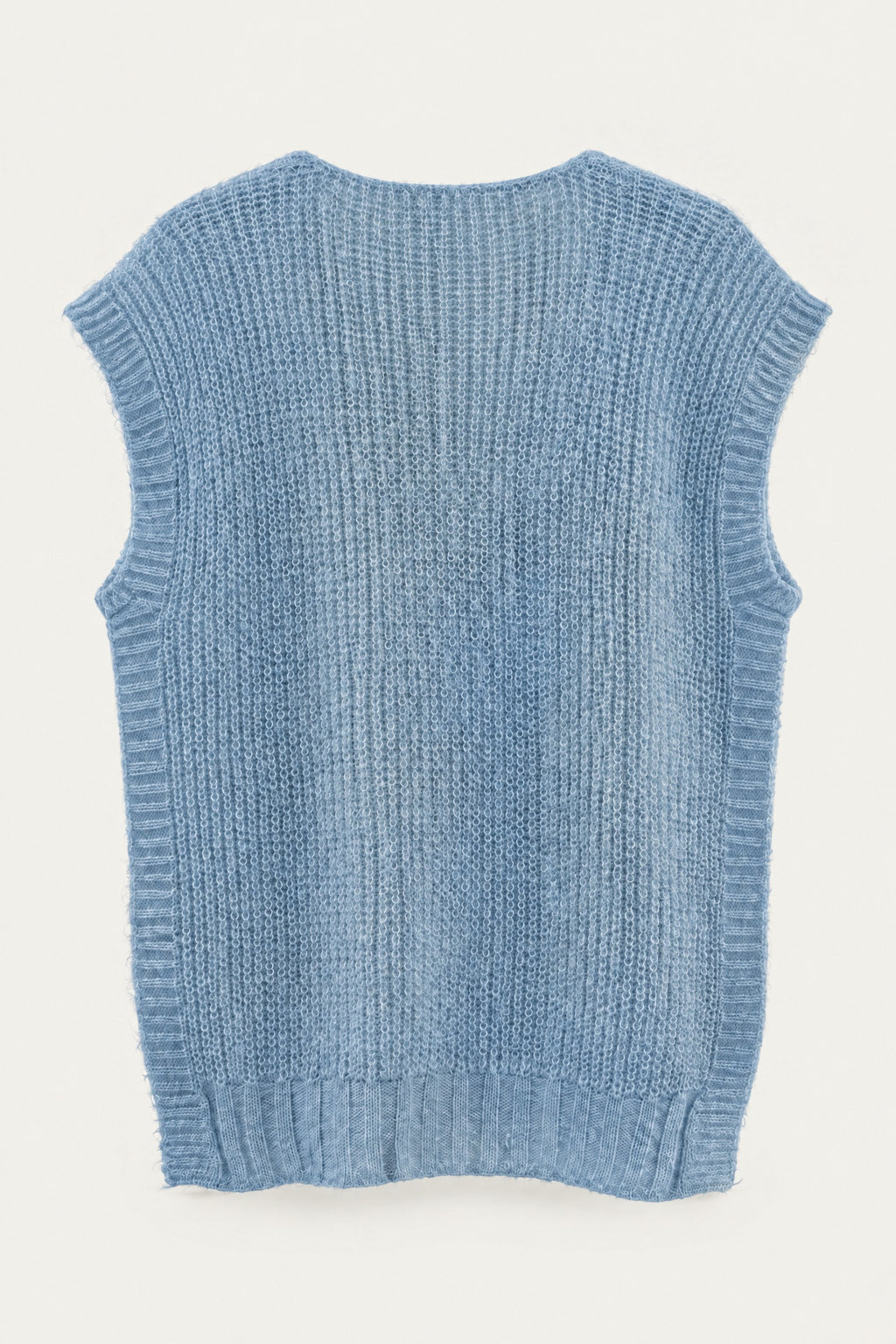 Pull sans manches en maille col V – Bleu ciel – vue de dos – EMORA