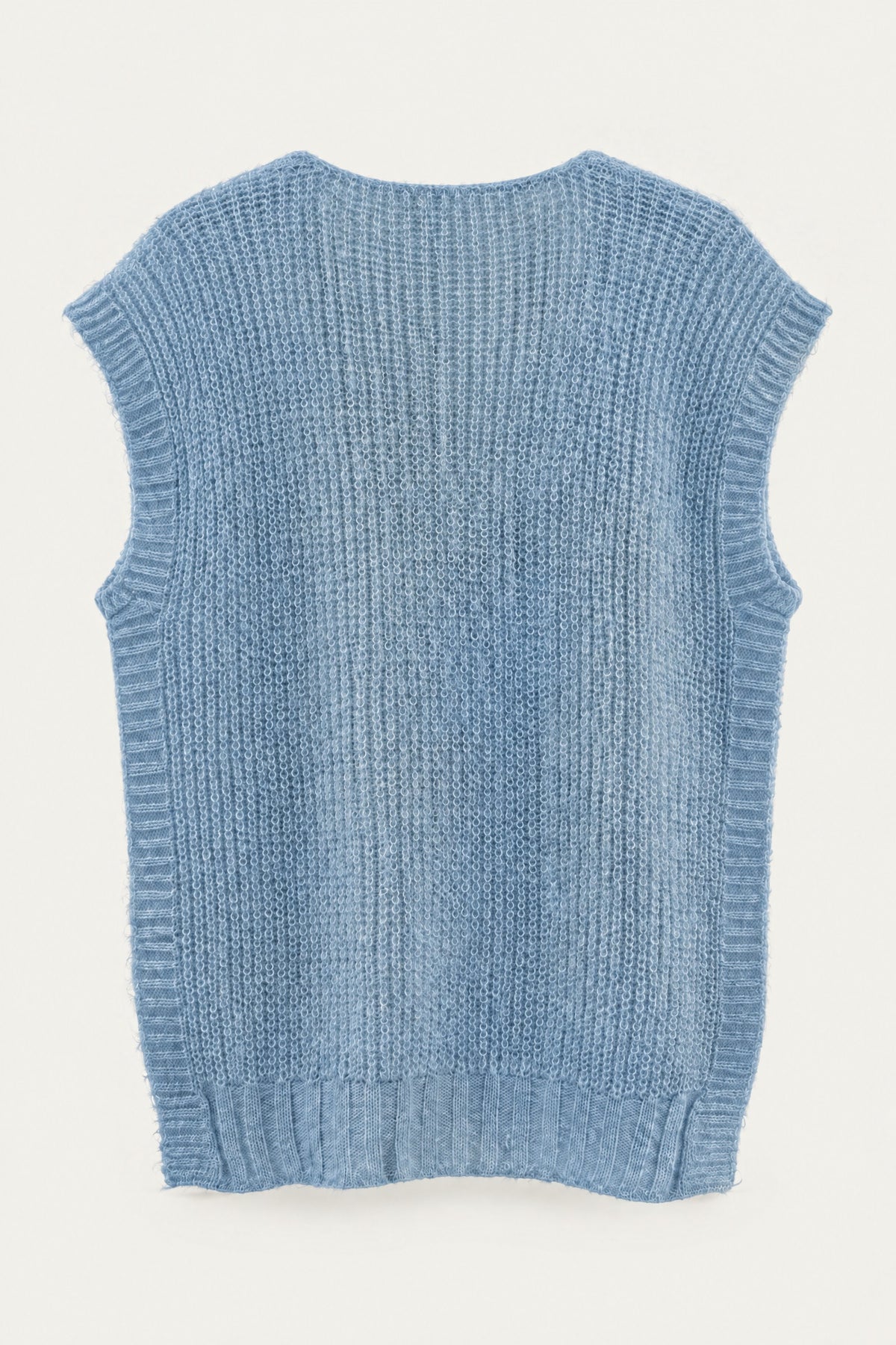 Pull sans manches en maille col V – Bleu ciel – vue de dos – EMORA