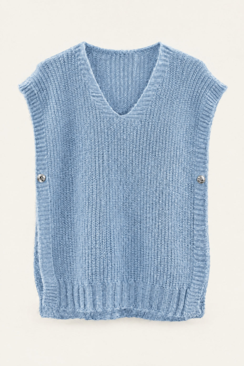 Pull sans manches en maille col V – Bleu ciel – vue de face – EMORA