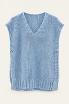 Pull sans manches en maille col V – Bleu ciel – vue de face – EMORA