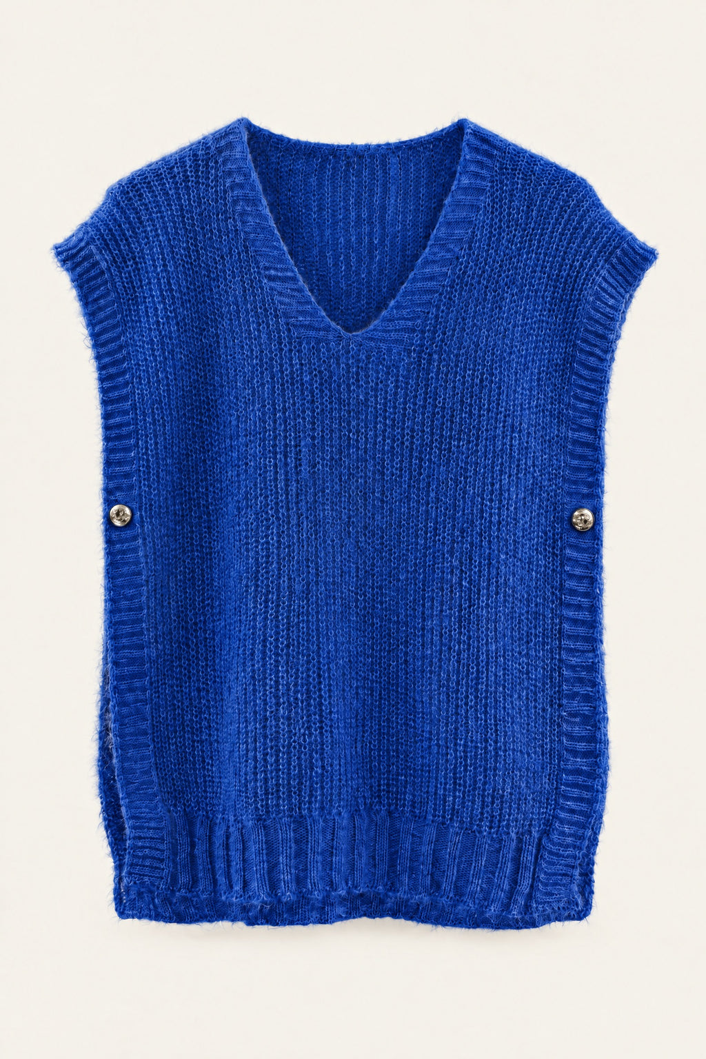 Pull sans manches en maille col V – Bleu roi – vue de face – EMORA