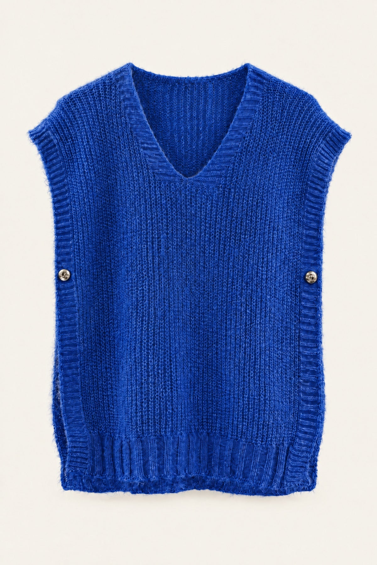 Pull sans manches en maille col V – Bleu roi – vue de face – EMORA