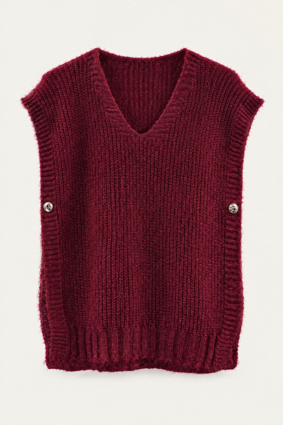 Pull sans manches en maille col V – Bordeaux – vue de face – EMORA
