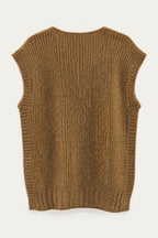 Pull sans manches en maille col V – Camel – vue de dos – EMORA