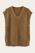 Pull sans manches en maille col V – Camel – vue de face – EMORA