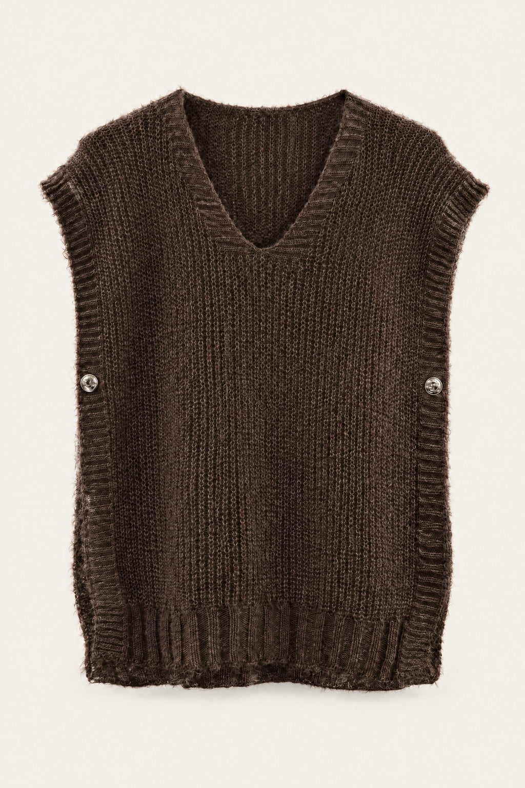 Pull sans manches en maille col V – Chocolat – vue de face – EMORA