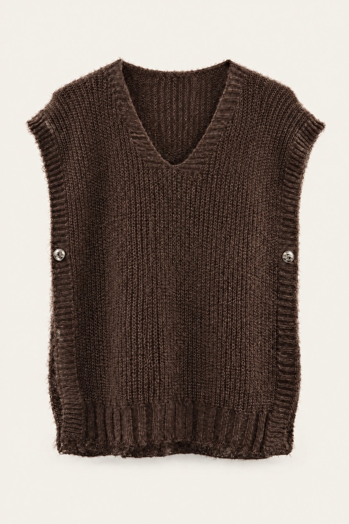 Pull sans manches en maille col V – Chocolat – vue de face – EMORA
