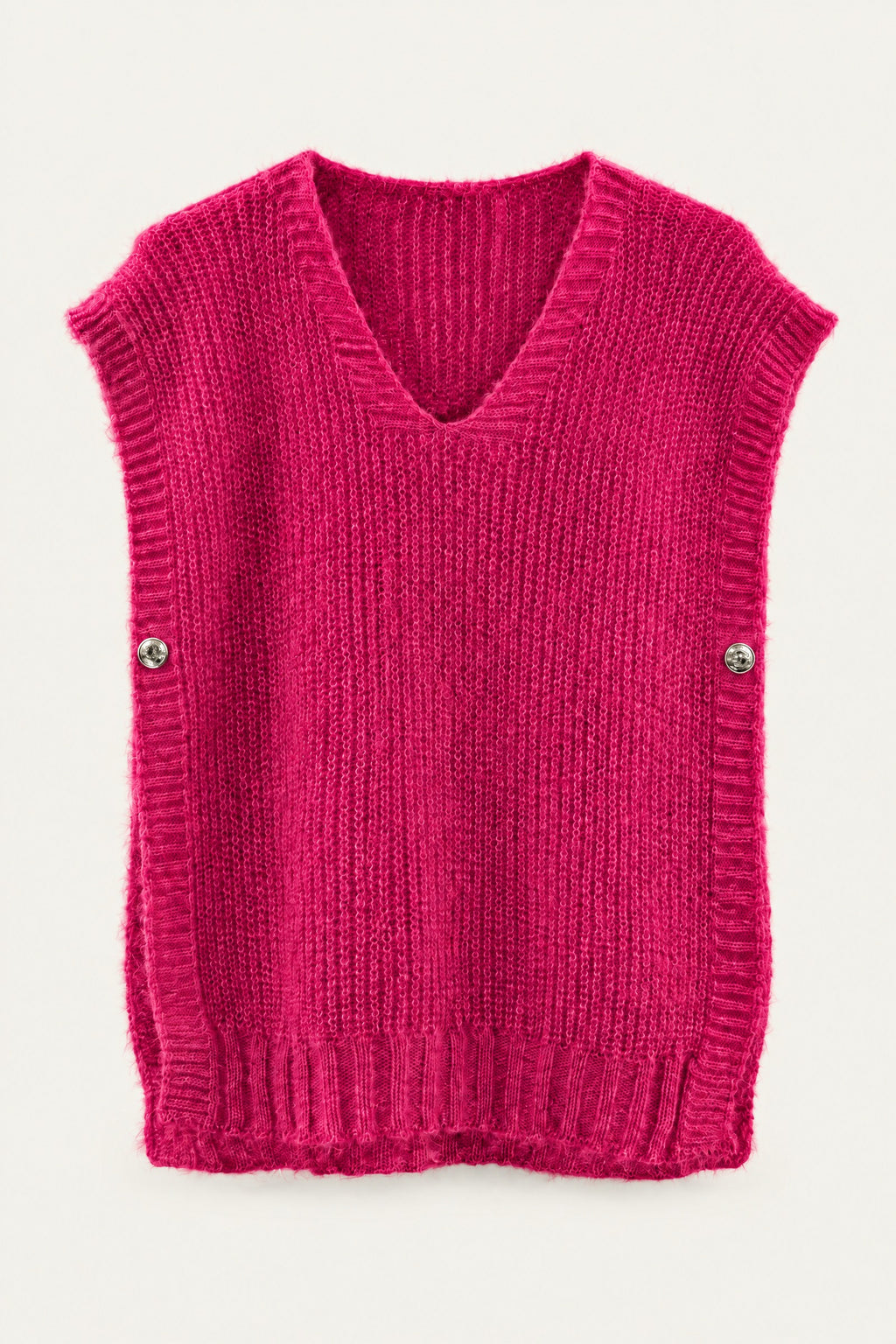 Pull sans manches en maille col V – Fuchsia – vue de face – EMORA