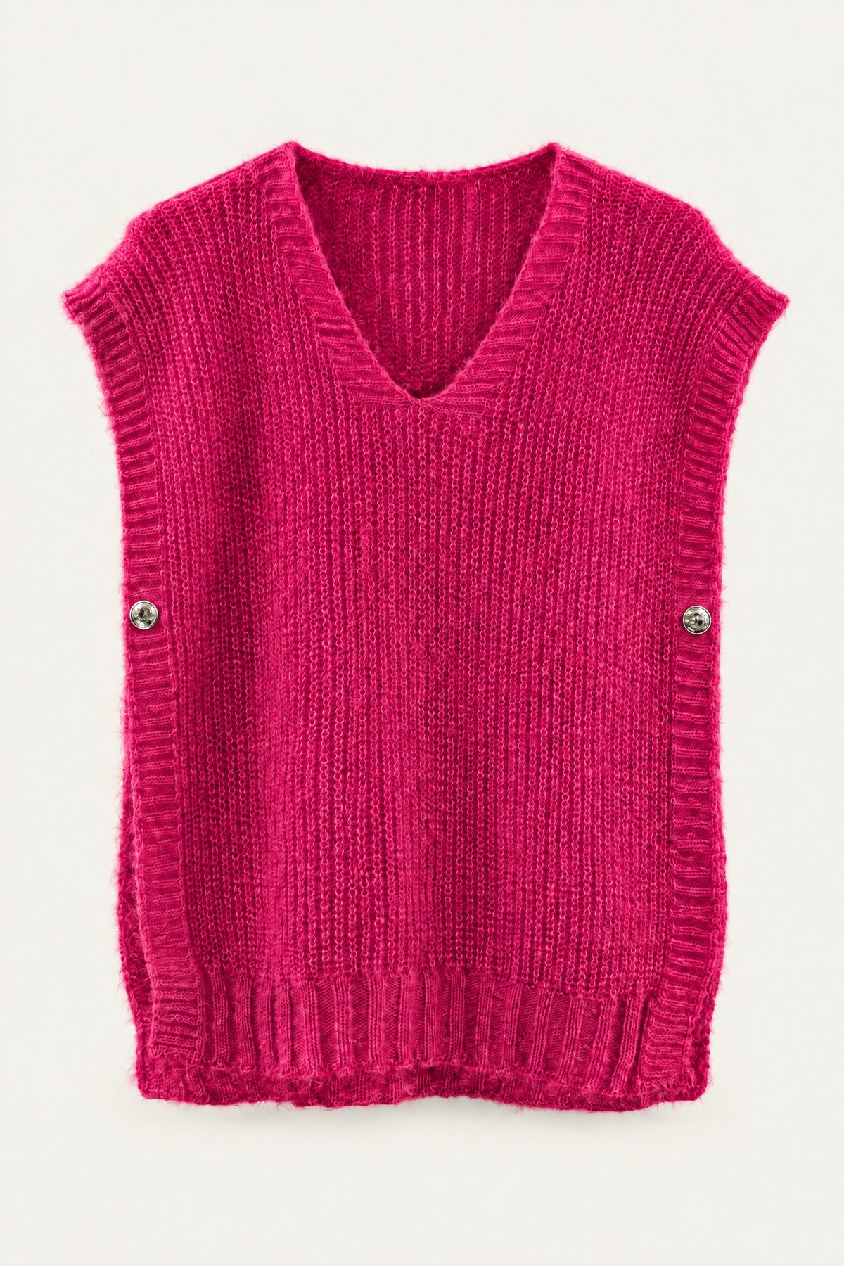 Pull sans manches en maille col V – Fuchsia – vue de face – EMORA