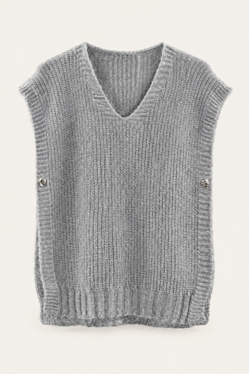 Pull sans manches en maille col V – Gris clair – vue de face – EMORA