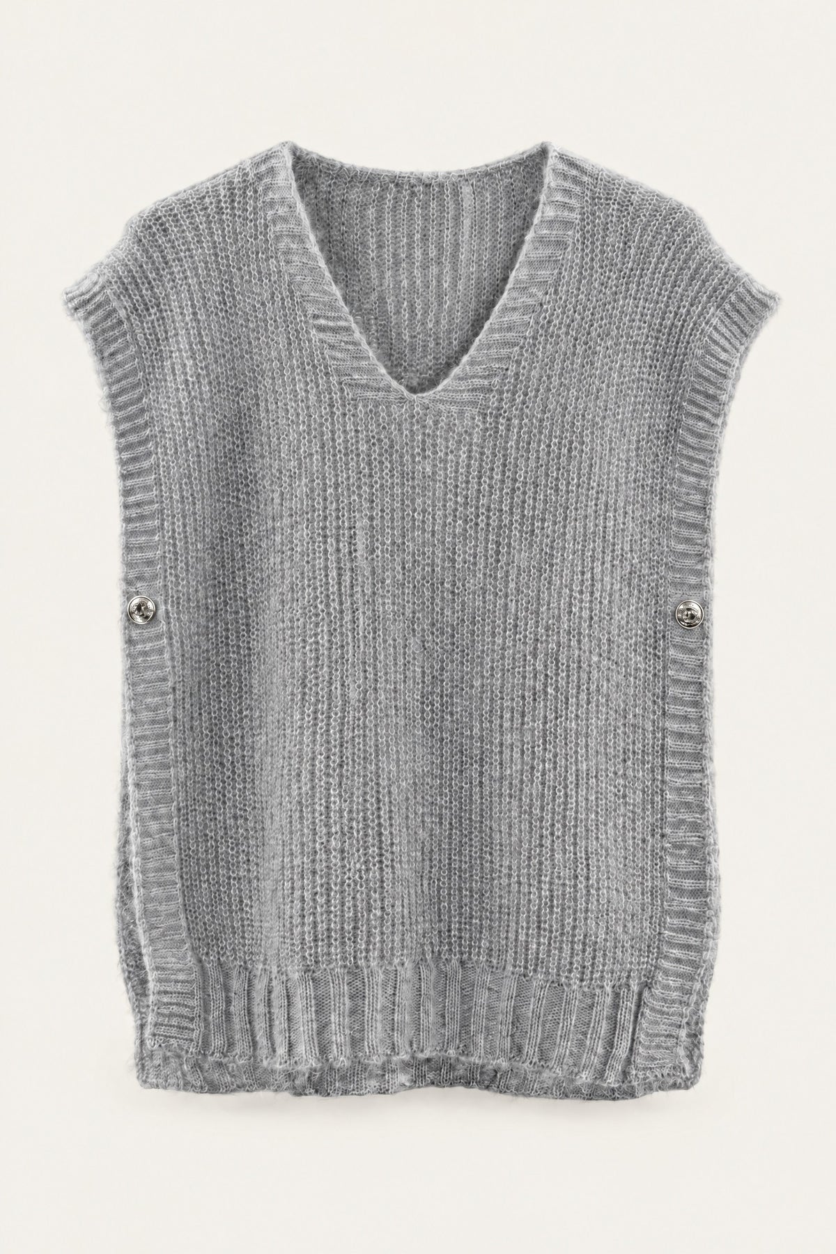 Pull sans manches en maille col V – Gris clair – vue de face – EMORA