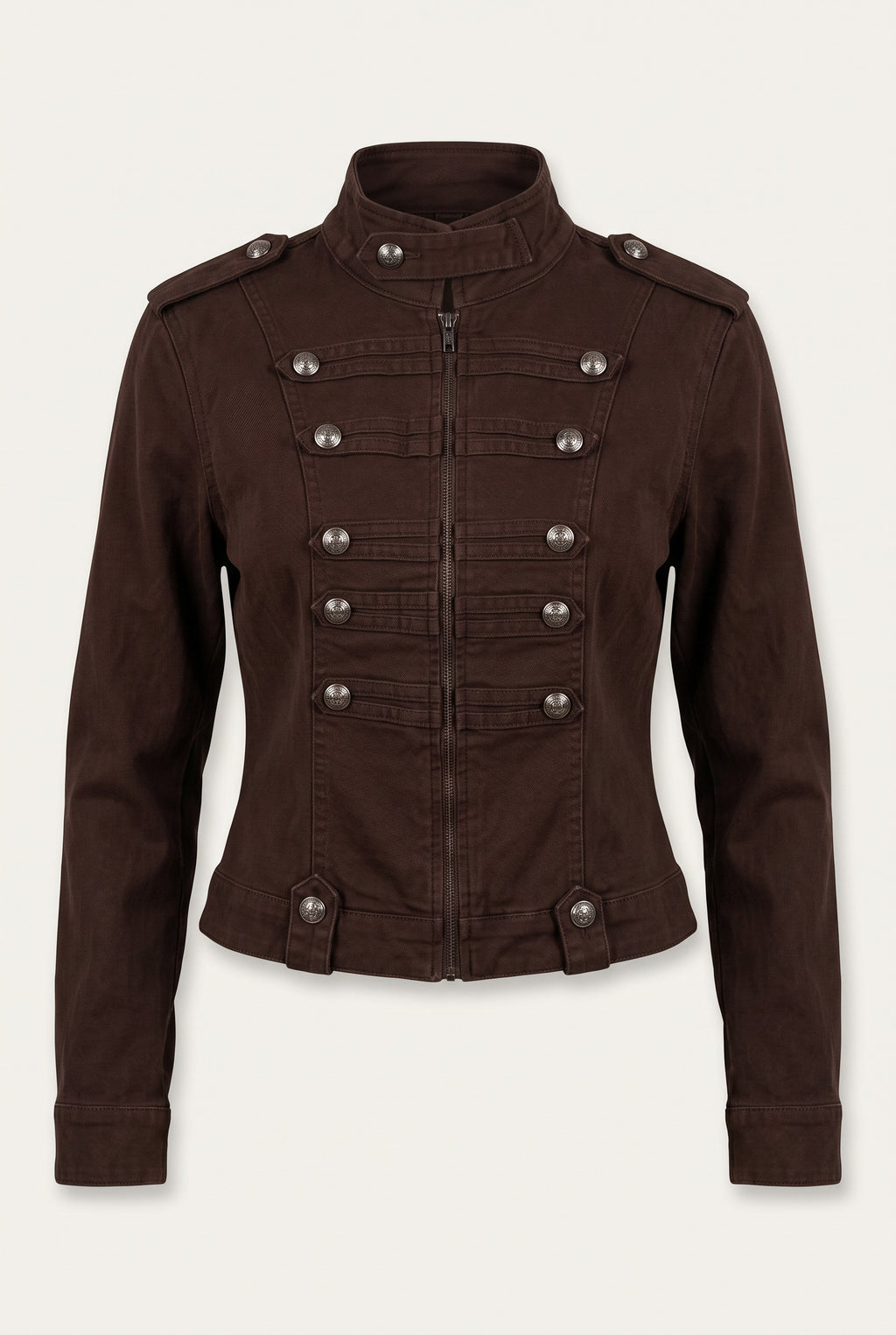 Ensemble officier veste cintrée et pantalon large – Chocolat – vue de face – EMORA