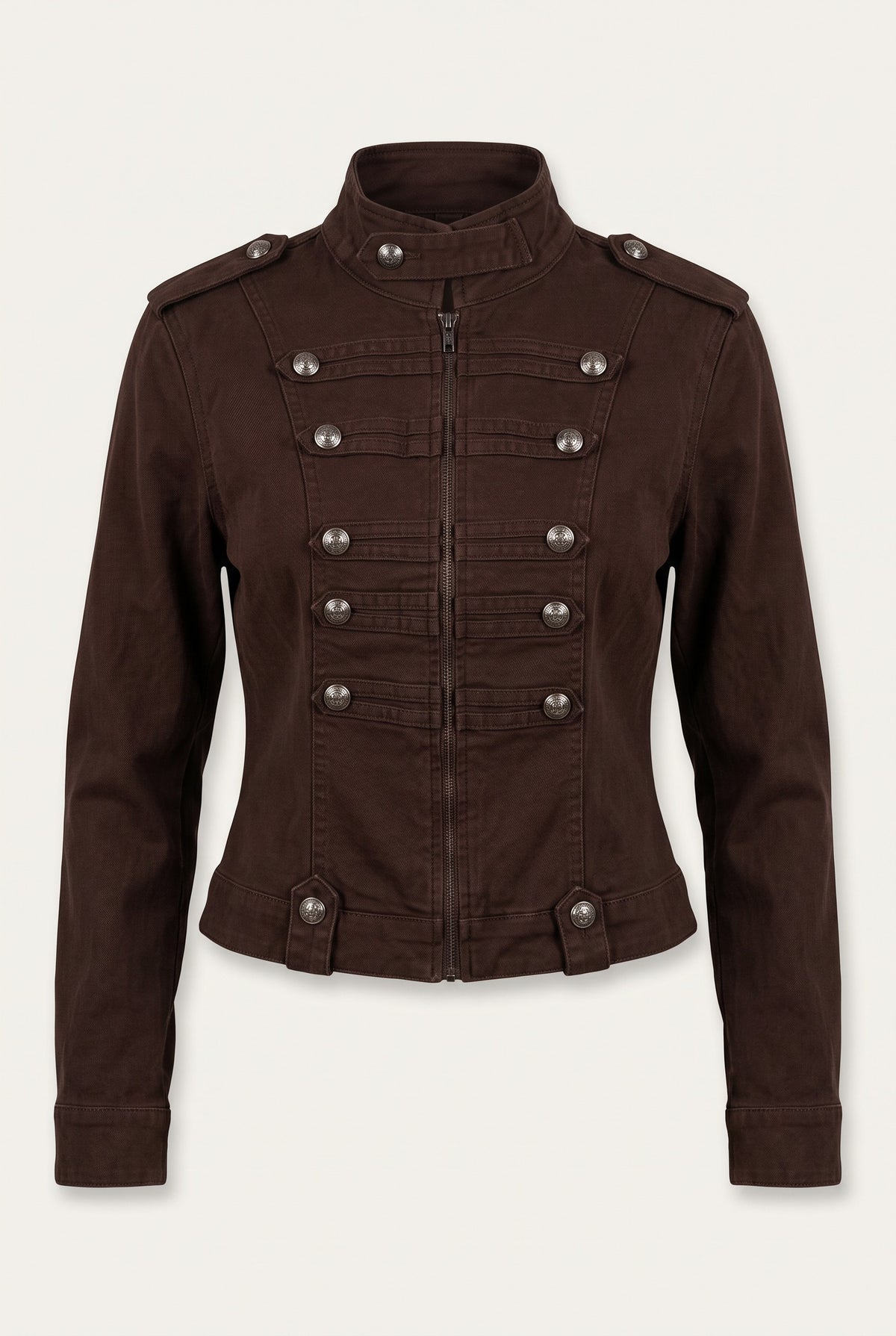 Ensemble officier veste cintrée et pantalon large – Chocolat – vue de face – EMORA