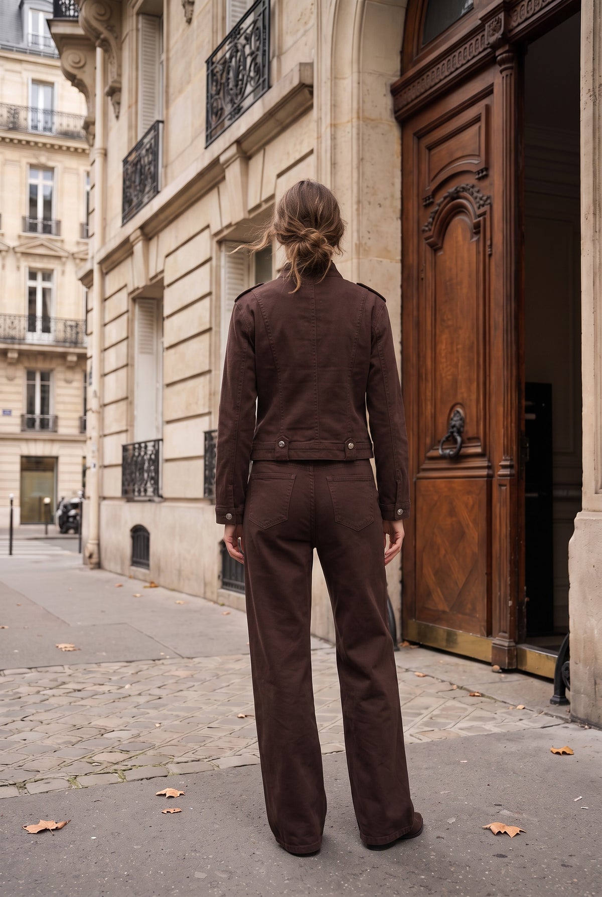 Ensemble officier veste cintrée et pantalon large – Chocolat – EMORA