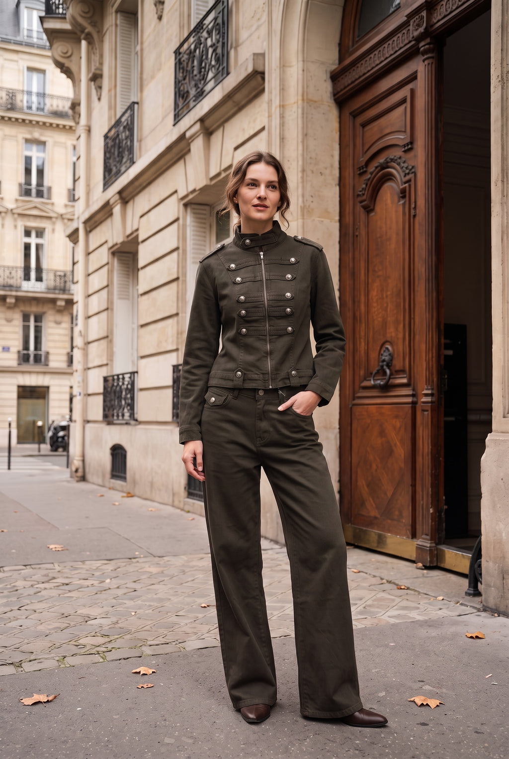 Ensemble officier veste cintrée et pantalon large – Kaki – EMORA