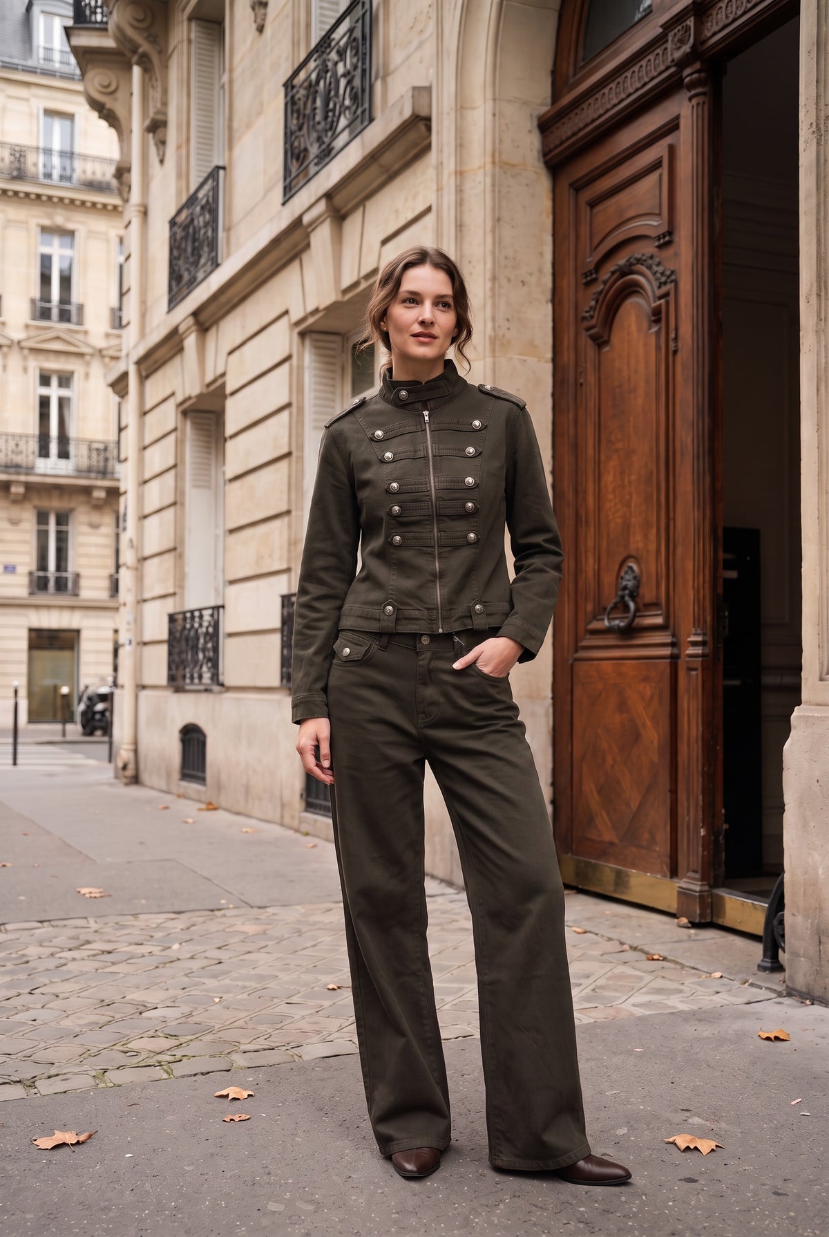 Ensemble officier veste cintrée et pantalon large – Kaki – EMORA