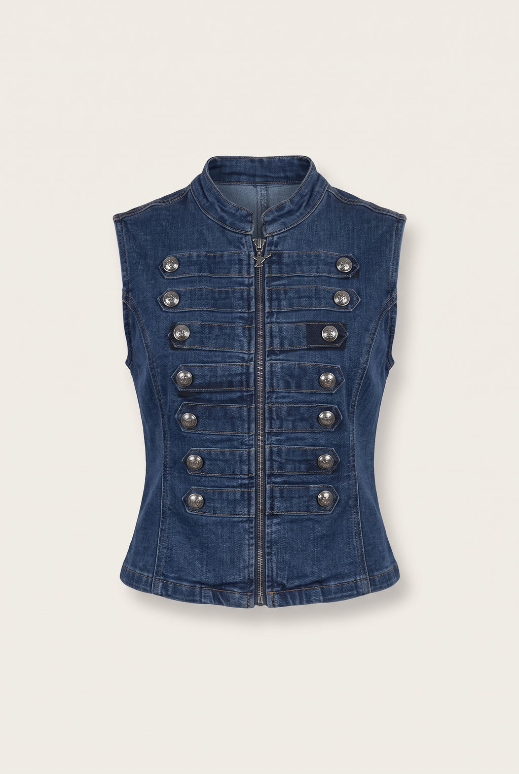 Ensemble en denim gilet officier et jean large – vue de face – EMORA