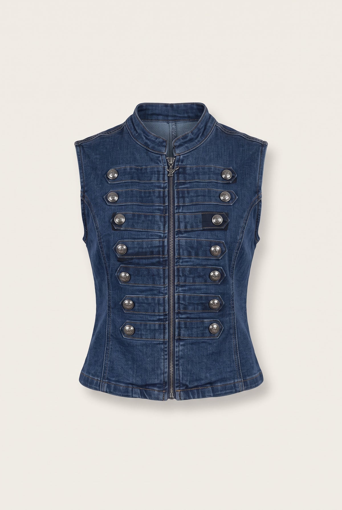 Ensemble en denim gilet officier et jean large – vue de face – EMORA
