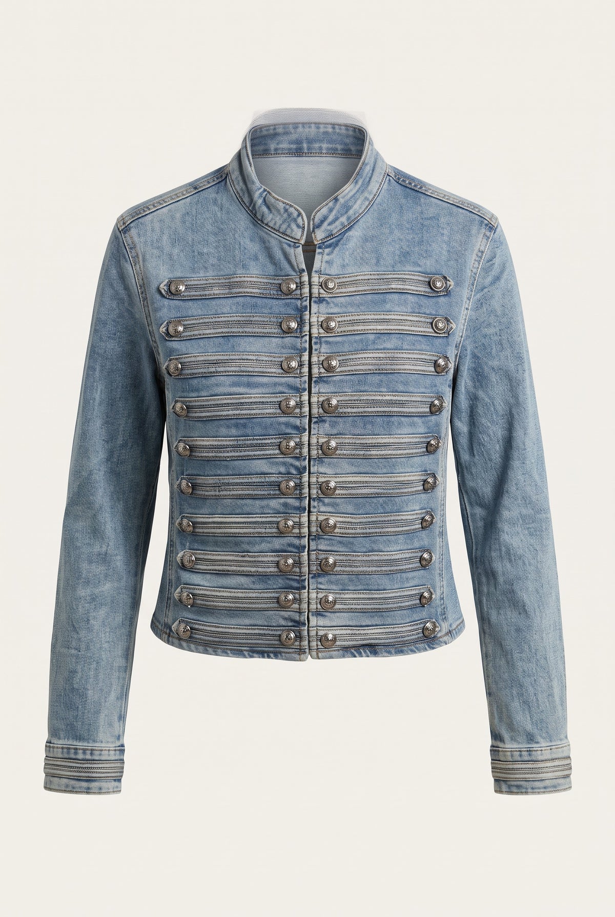 Ensemble en denim veste officier et jean large – vue de face – EMORA