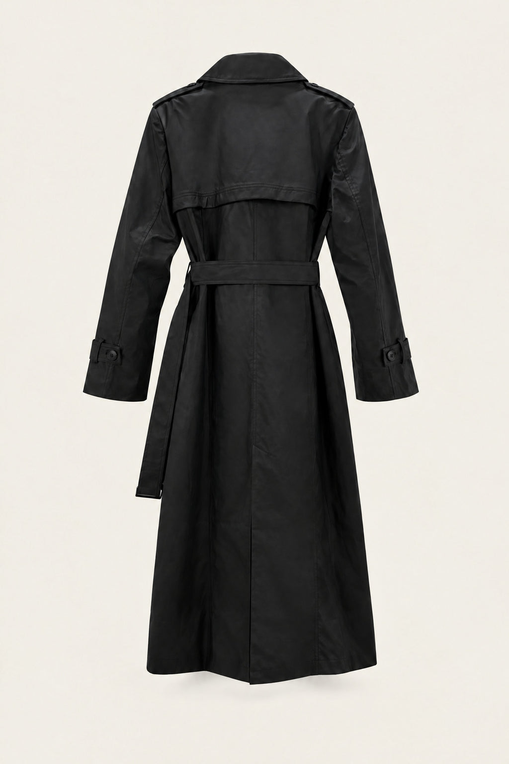 Trench long en similicuir – Noir – vue de dos, fermé – EMORA