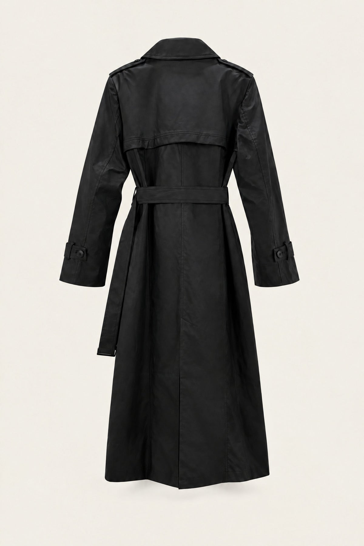 Trench long en similicuir – Noir – vue de dos, fermé – EMORA